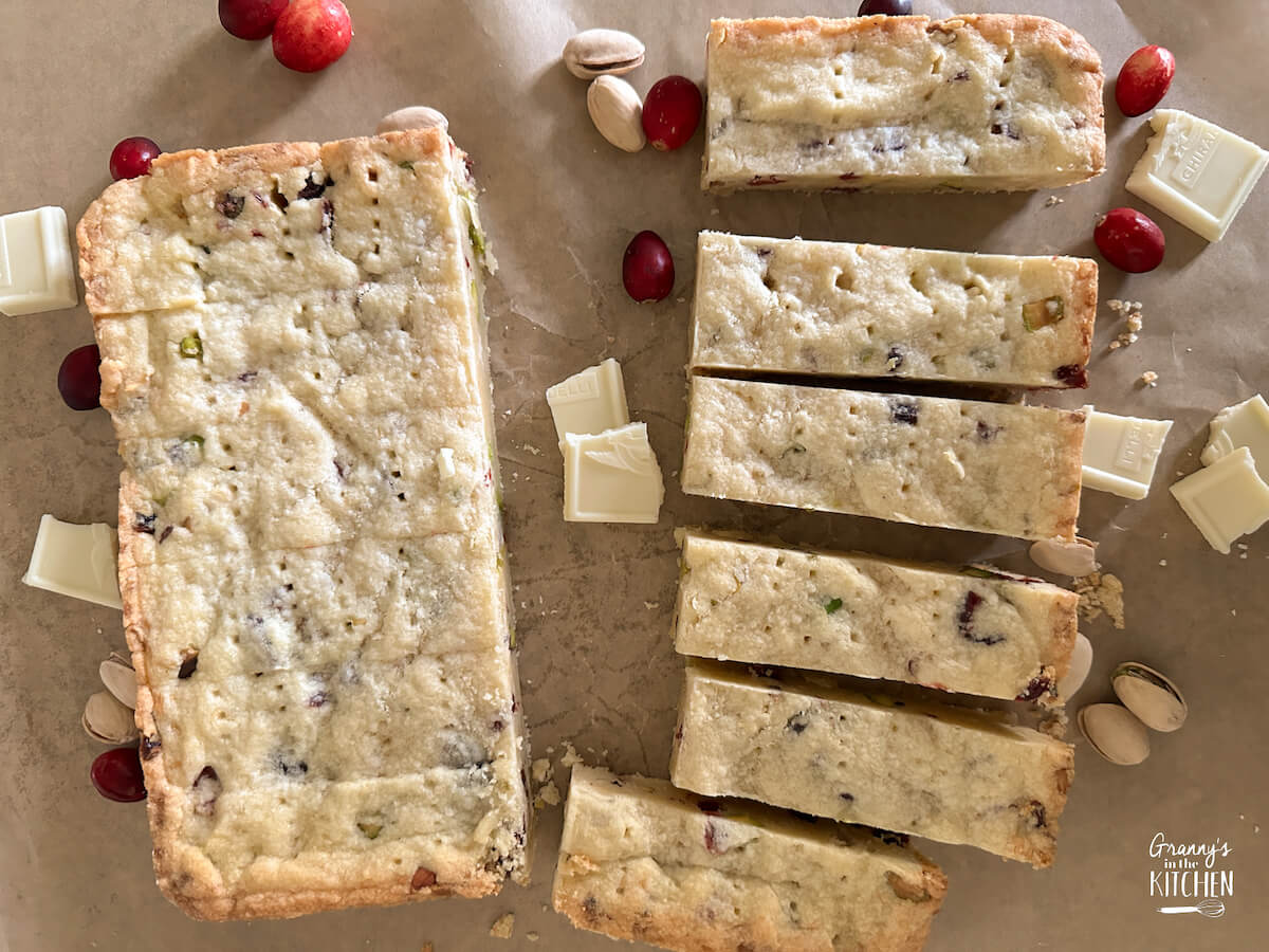 white chocolate cranberry pistachio shortbread, half of the batch cut into bars.