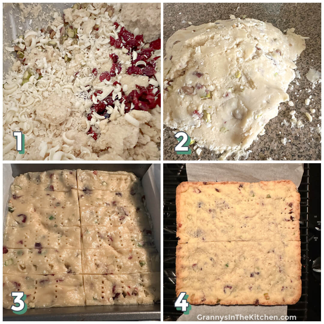 4 step photo collage showing how to make shortbread with cranberries, pistachios, and white chocolate.