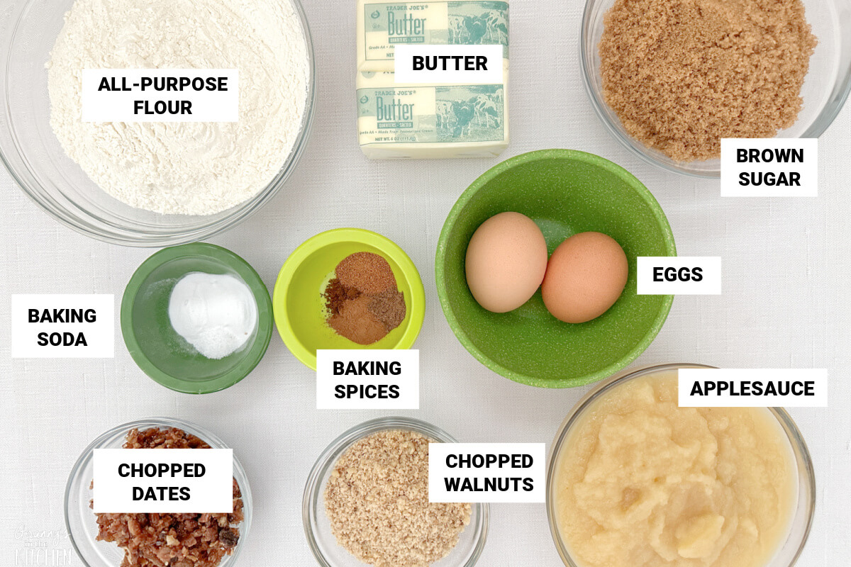 ingredients to make applesauce date cake, with text labels.