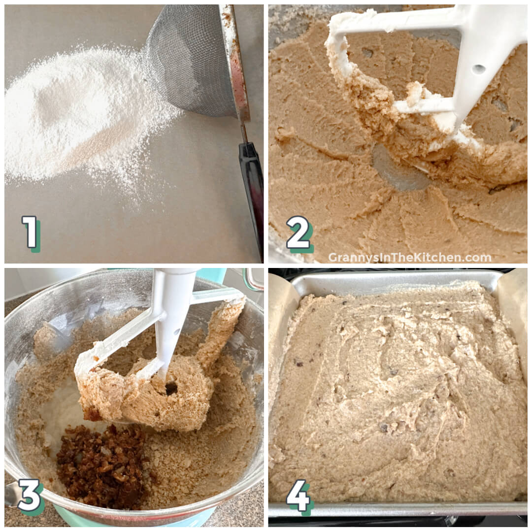4 step photo collage showing how to make cake batter with applesauce and dates.