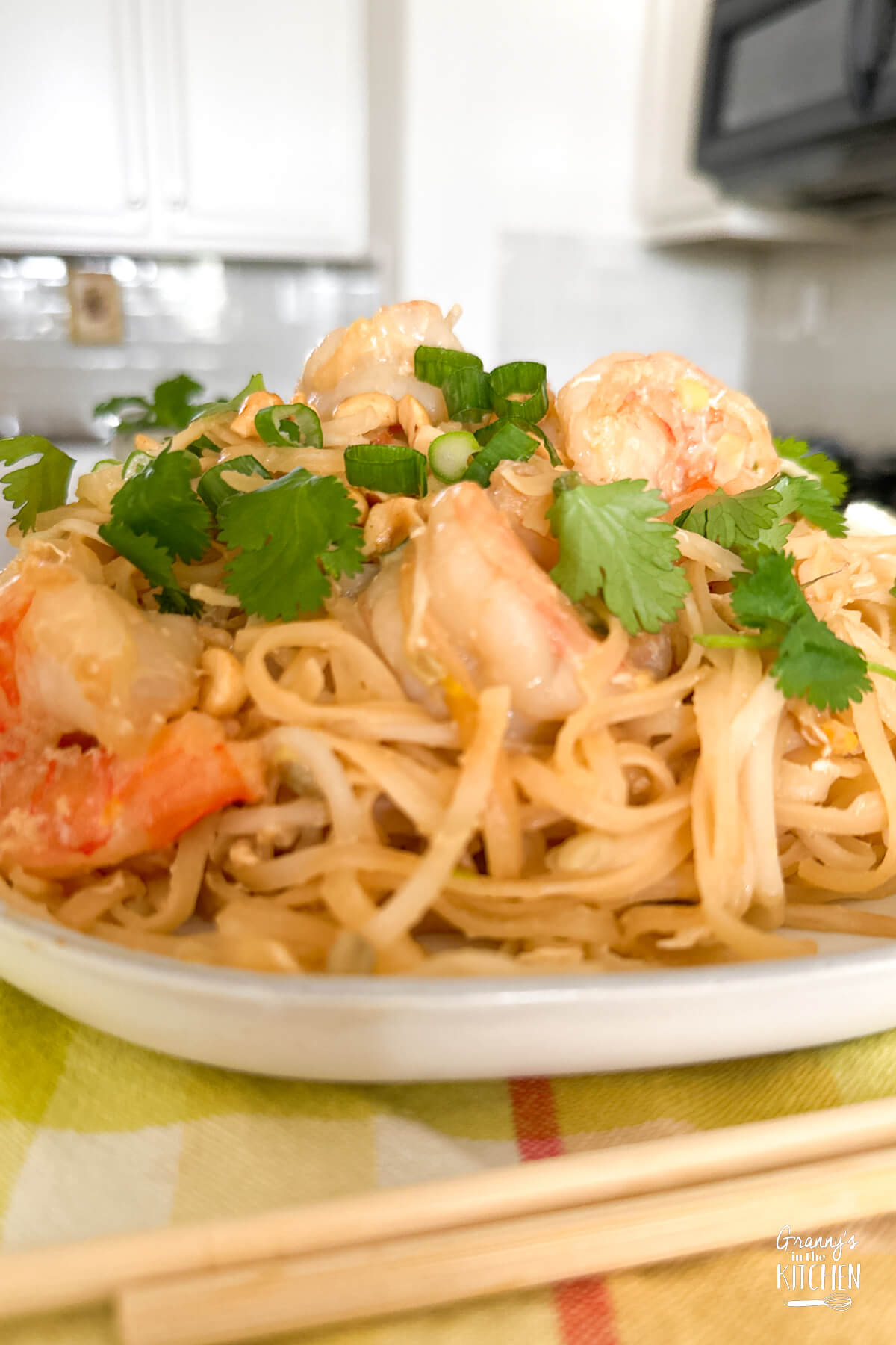 close up of shrimp Pad Thai dish.