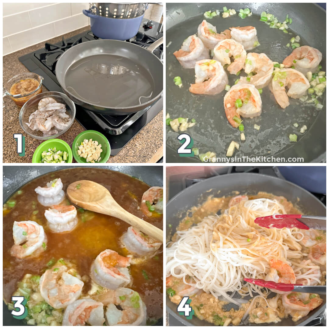 4 step photo collage showing how to make shrimp Pad Thai at home.