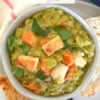 bowl of split pea soup with text overlay of recipe name.