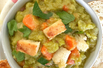bowl of split pea soup with text overlay of recipe name.