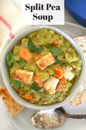 bowl of split pea soup with text overlay of recipe name.