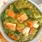 top down view of a bowl of split pea soup.