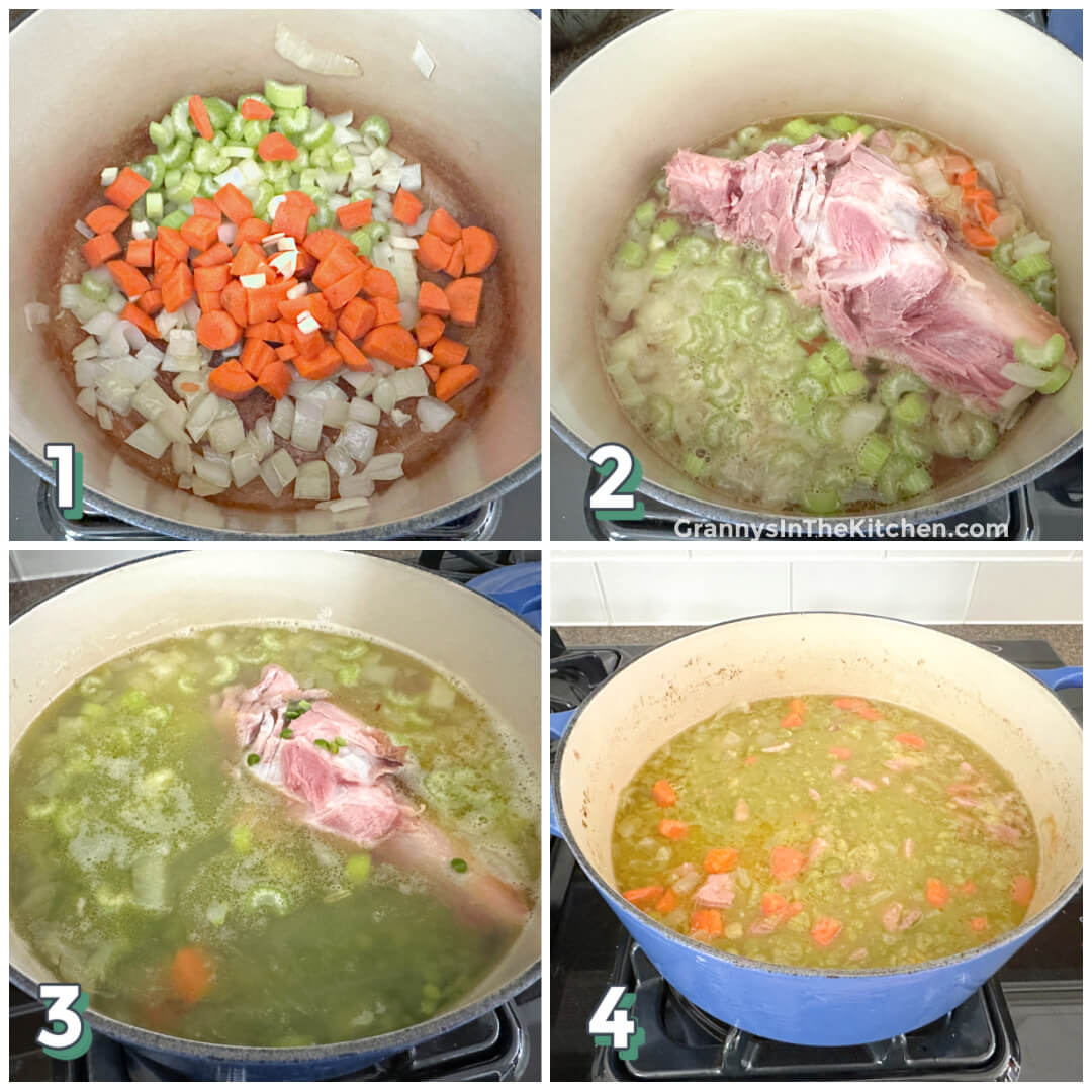 4 step photo collage showing how to make split pea and ham soup.