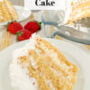 slice of cake, with text overlay of recipe name "Coconut Icebox Cake".