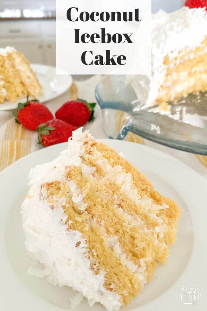 slice of cake, with text overlay of recipe name "Coconut Icebox Cake".