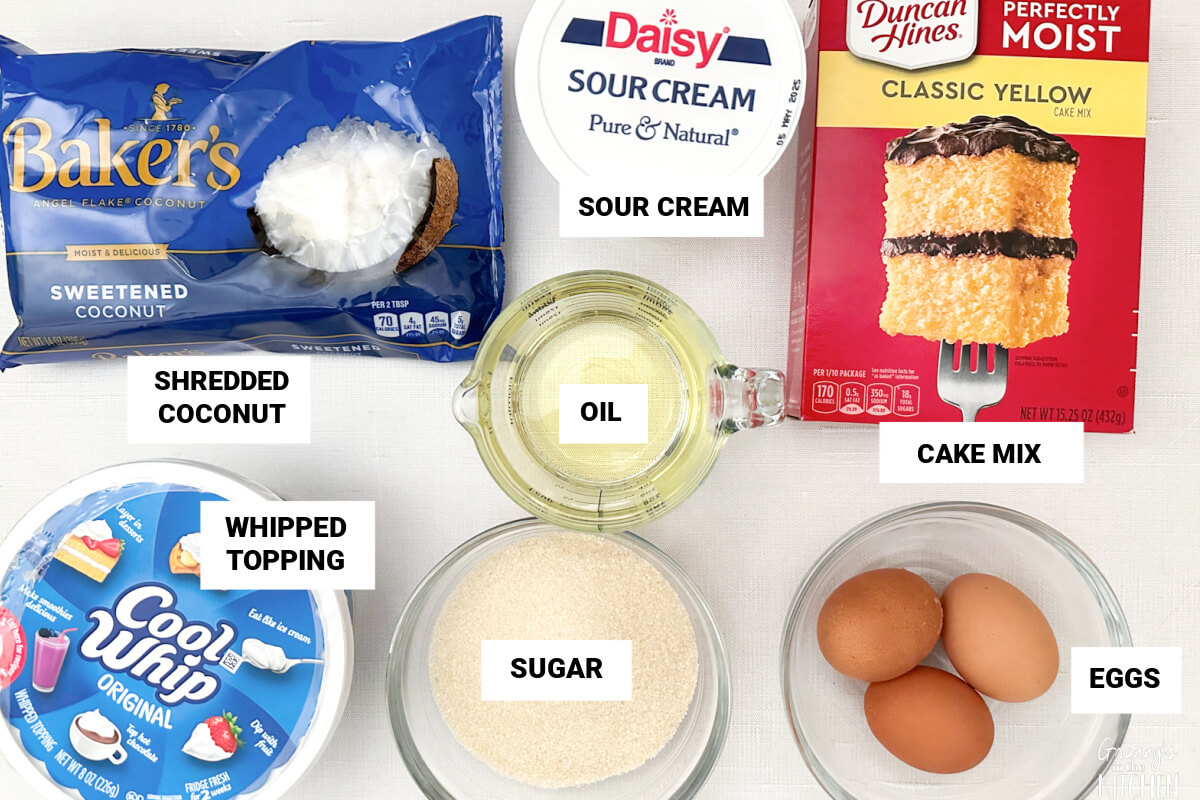 coconut icebox cake ingredients, with text labels.