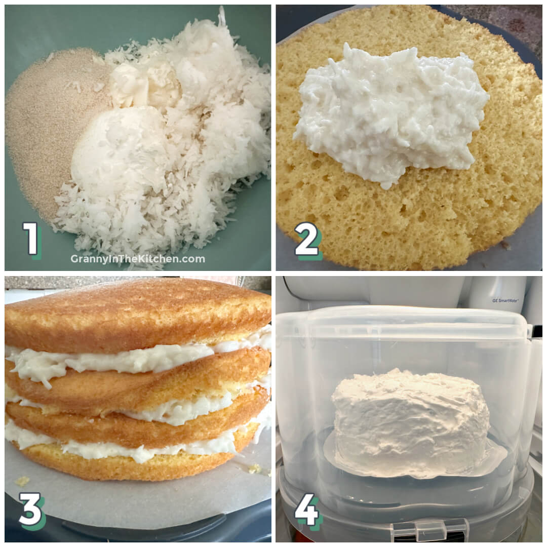 4 step photo collage showing how to make and layer a coconut ice box cake.