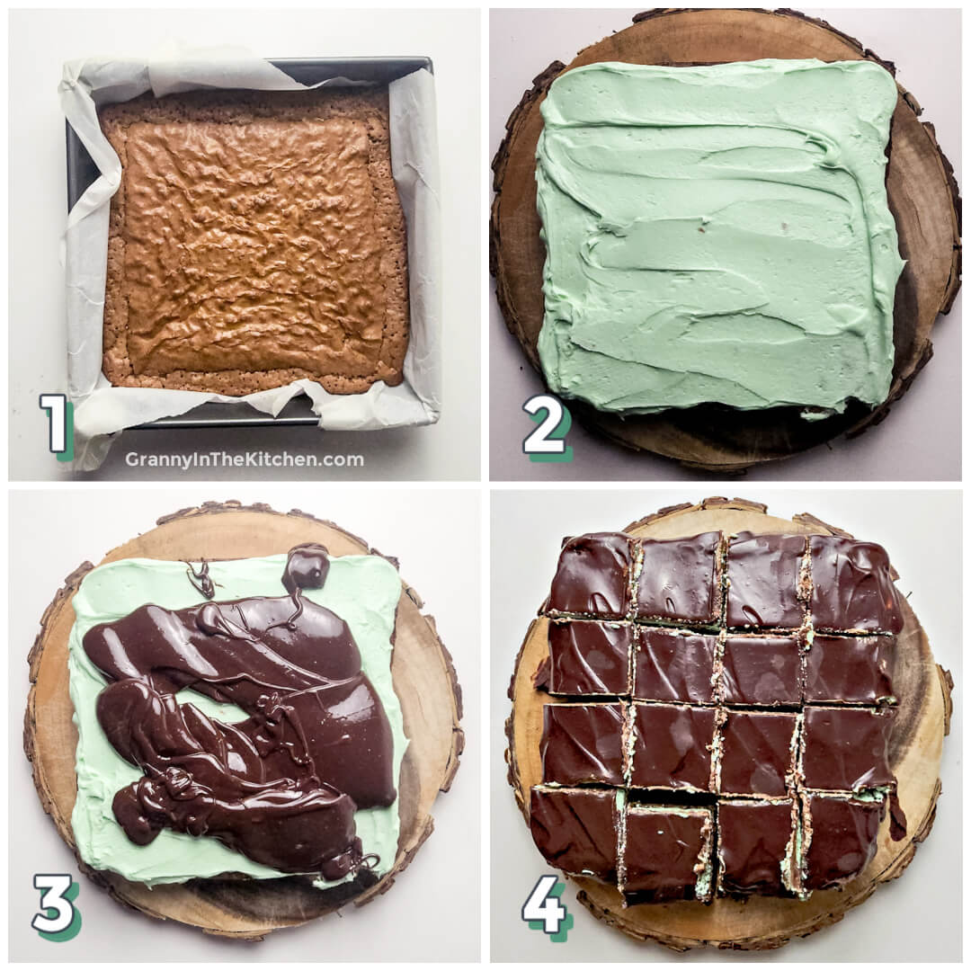 4-step photo collage showing how to make layered mint chocolate brownies.