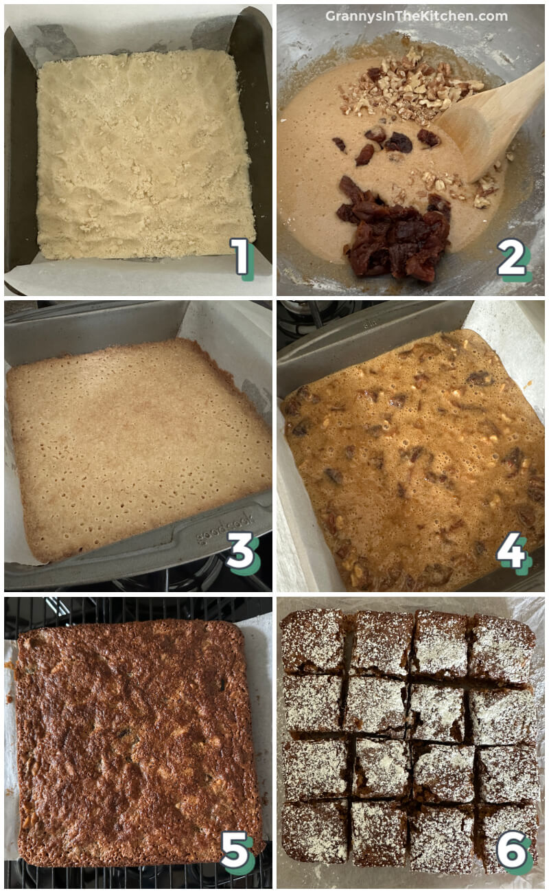 6-step photo collage showing how to make apricot bars with a shortbread crust.