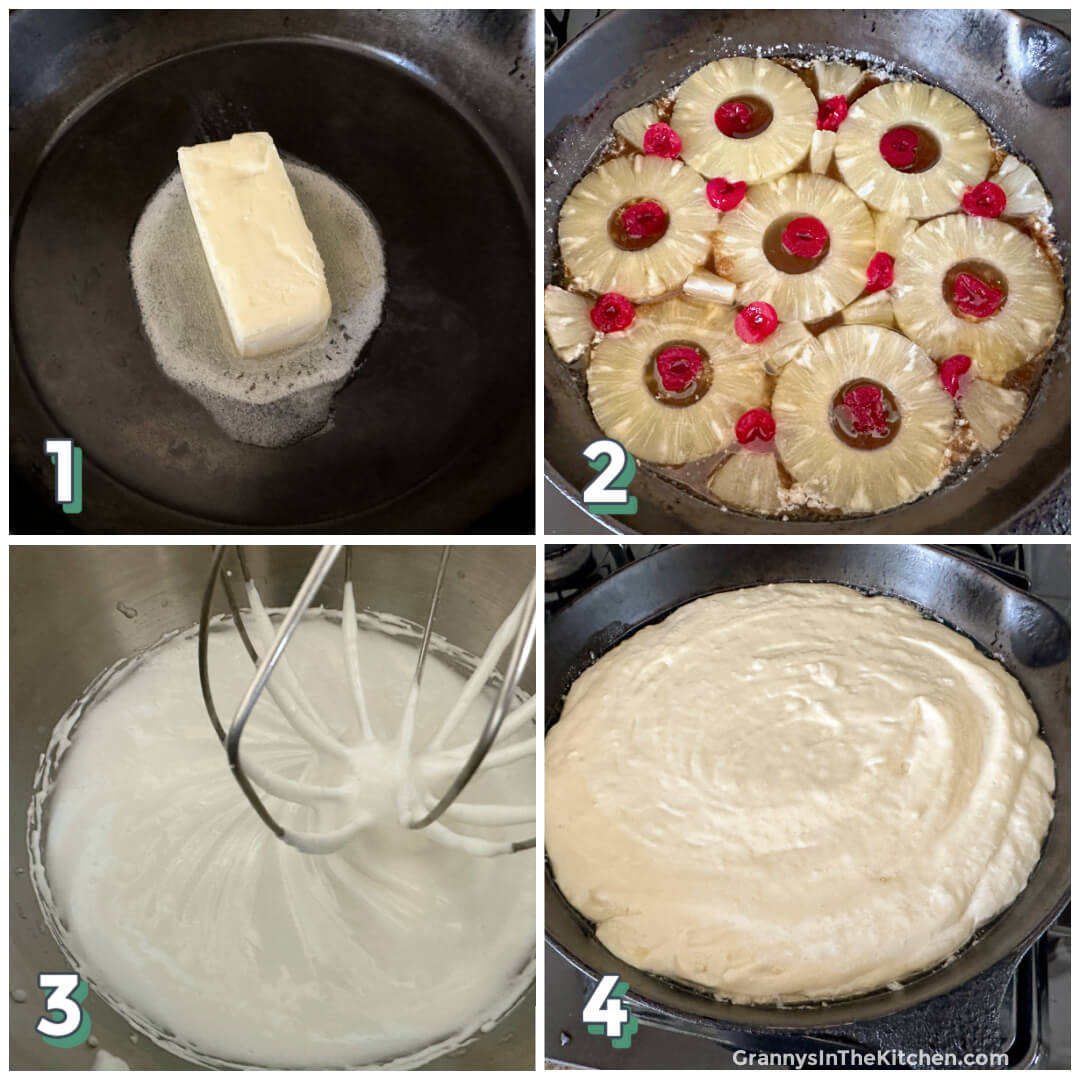 4 step photo collage showing how to make a pineapple upside down cake in a skillet.