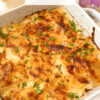Turnips au Gratin in casserole dish, with text overlay of recipe name.