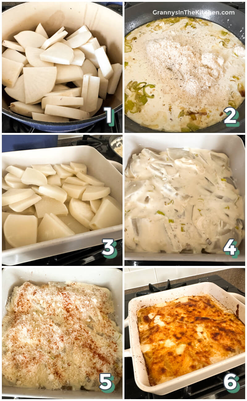 6 step photo collage showing how to make turnips au gratin.