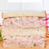 stacked ham salad sandwich, with text overlay "Old-Fashioned Ham Salad."