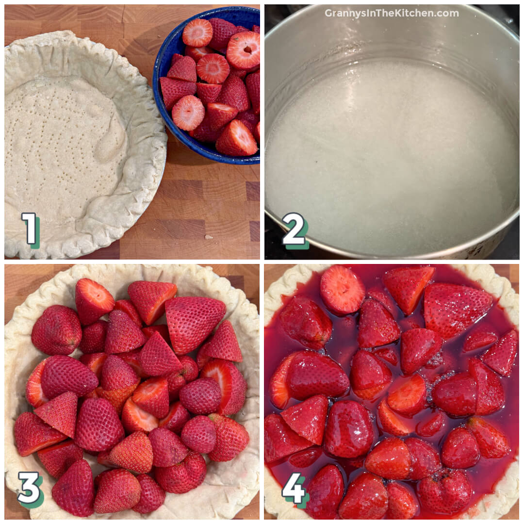 4 step photo collage showing how to make fresh strawberry pie.