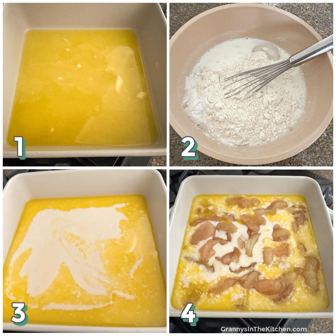 4 step photo collage showing how to make hillbilly cobbler.