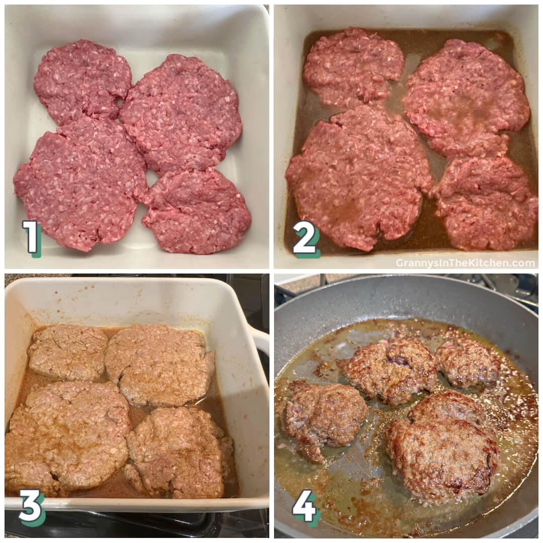 4 step photo collage showing how to make marinated hamburgers.