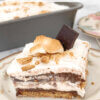 layered s'mores cake with text overlay "S'Mores Icebox Cake"