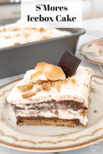 layered s'mores cake with text overlay "S'Mores Icebox Cake"