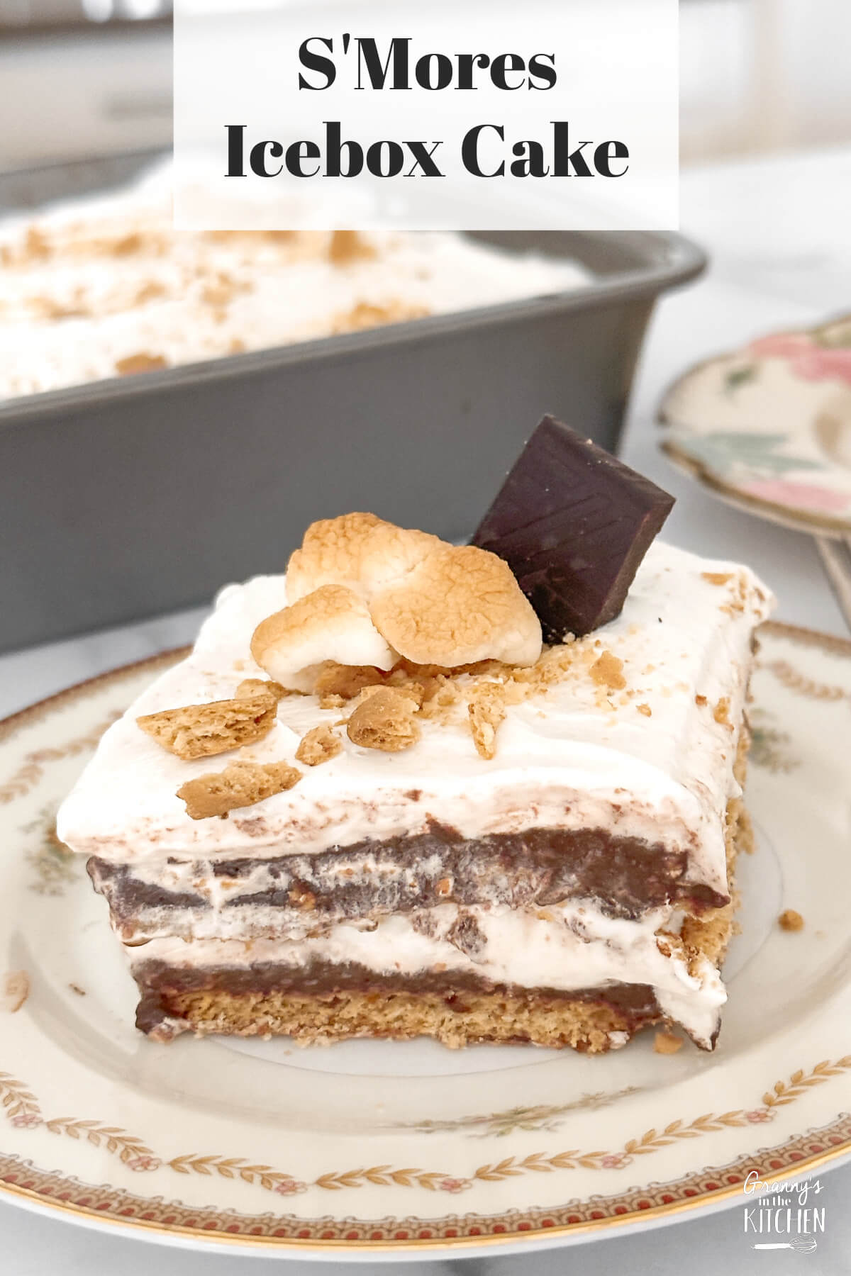 layered s'mores cake with text overlay "S'Mores Icebox Cake"