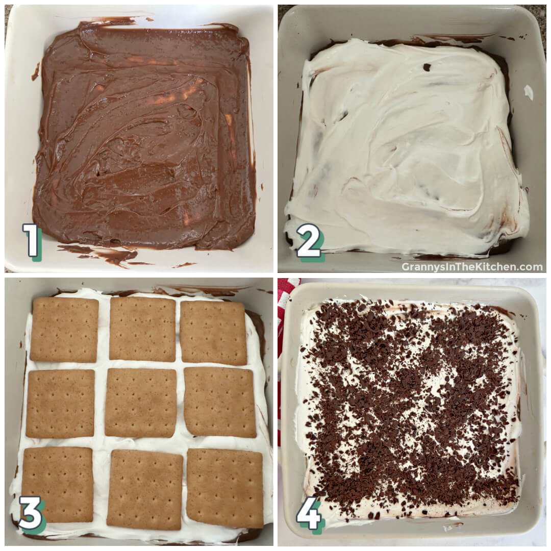 4 step photo collage showing how to make a layered s'mores cake.