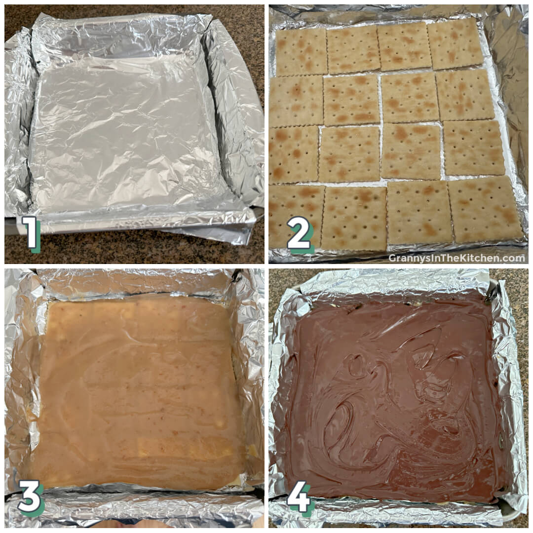 4 step photo collage showing how to make a layered toffee saltine bars.