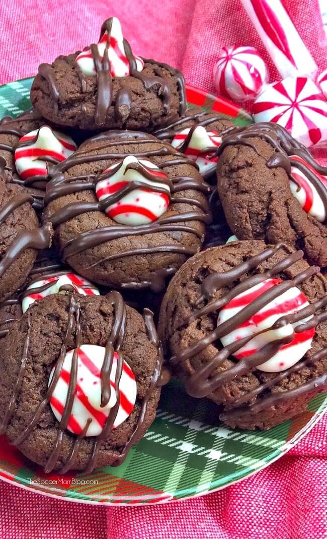 A plate of chocolate peppermint kiss cookies.