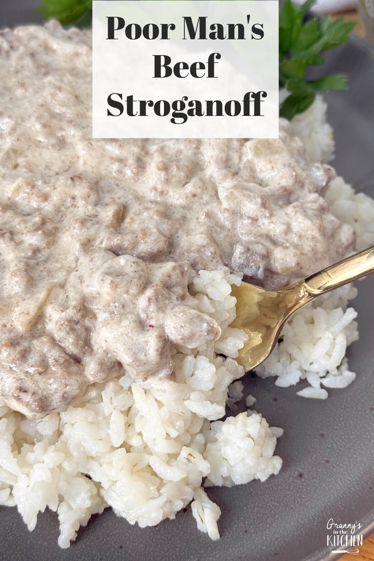 ground beef stroganoff served over rice, with recipe name text overlay.