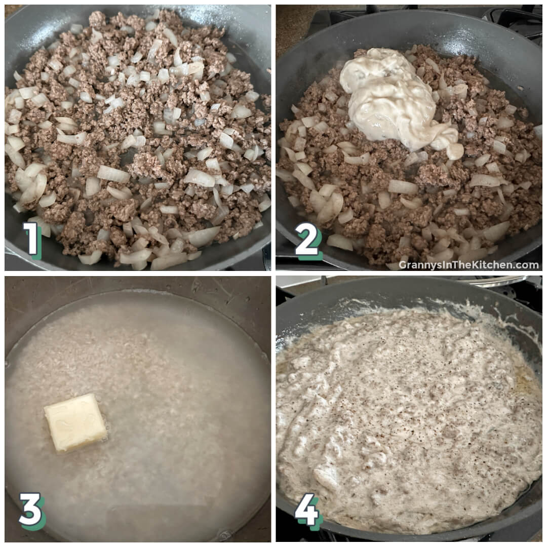 4 step photo collage showing how to make stroganoff with ground beef.