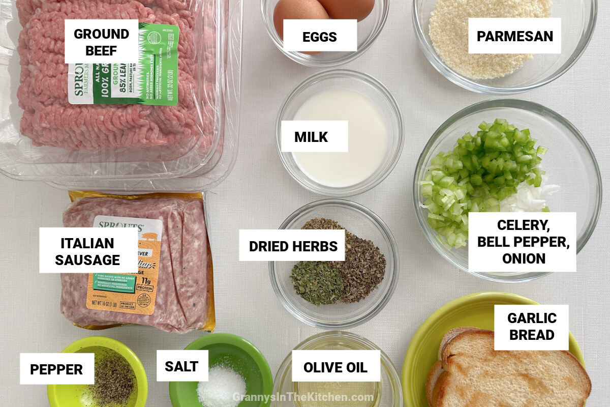 ingredients to make Italian meatballs, with text labels.