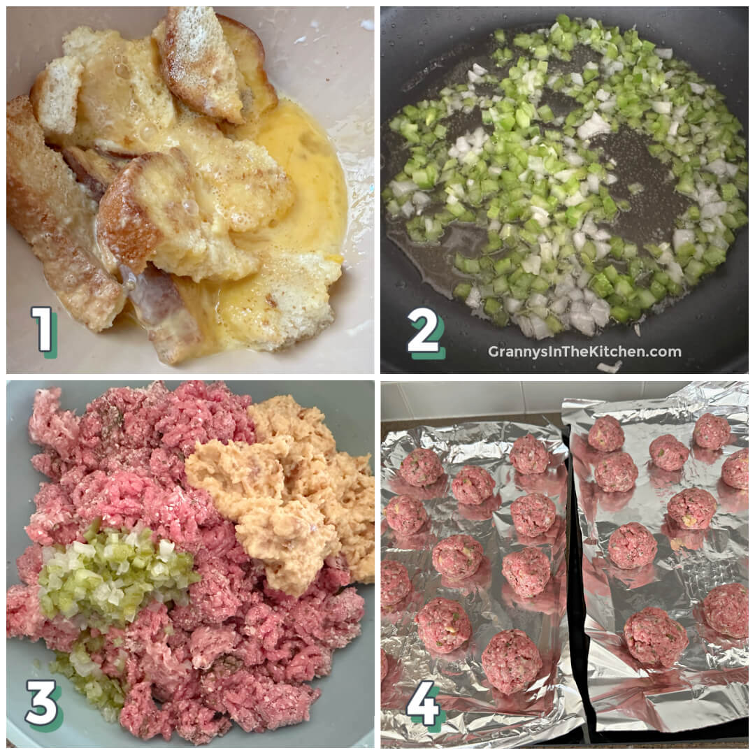 4 step photo collage showing how to make homemade meatballs.