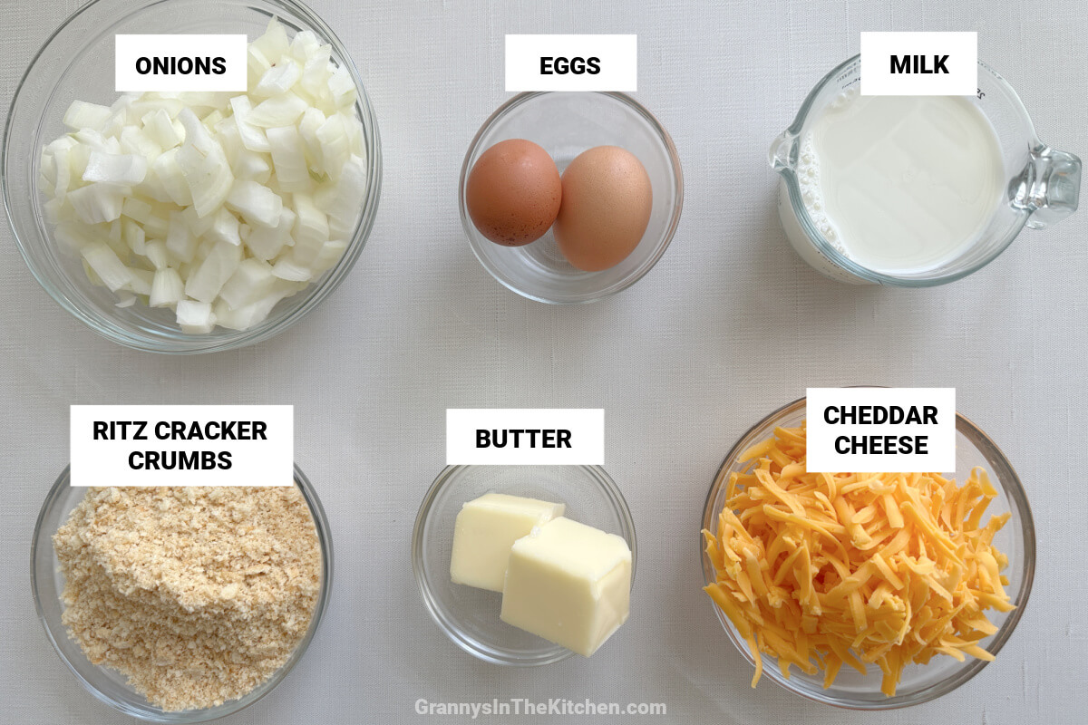 onion pie ingredients, with text labels: onions, eggs, milk, Ritz cracker crumbs, butter, cheddar cheese.