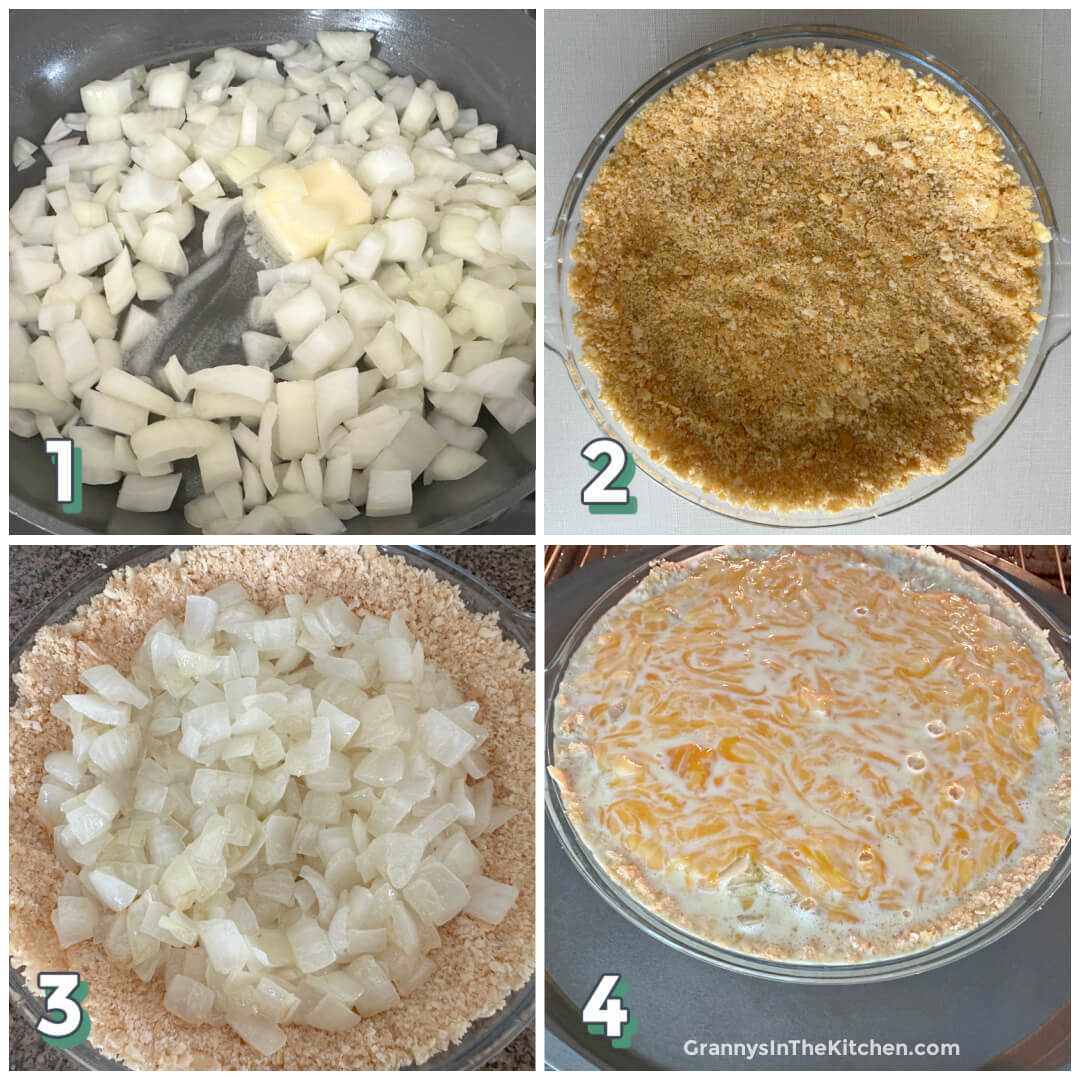 4 step photo collage showing how to make an onion pie.