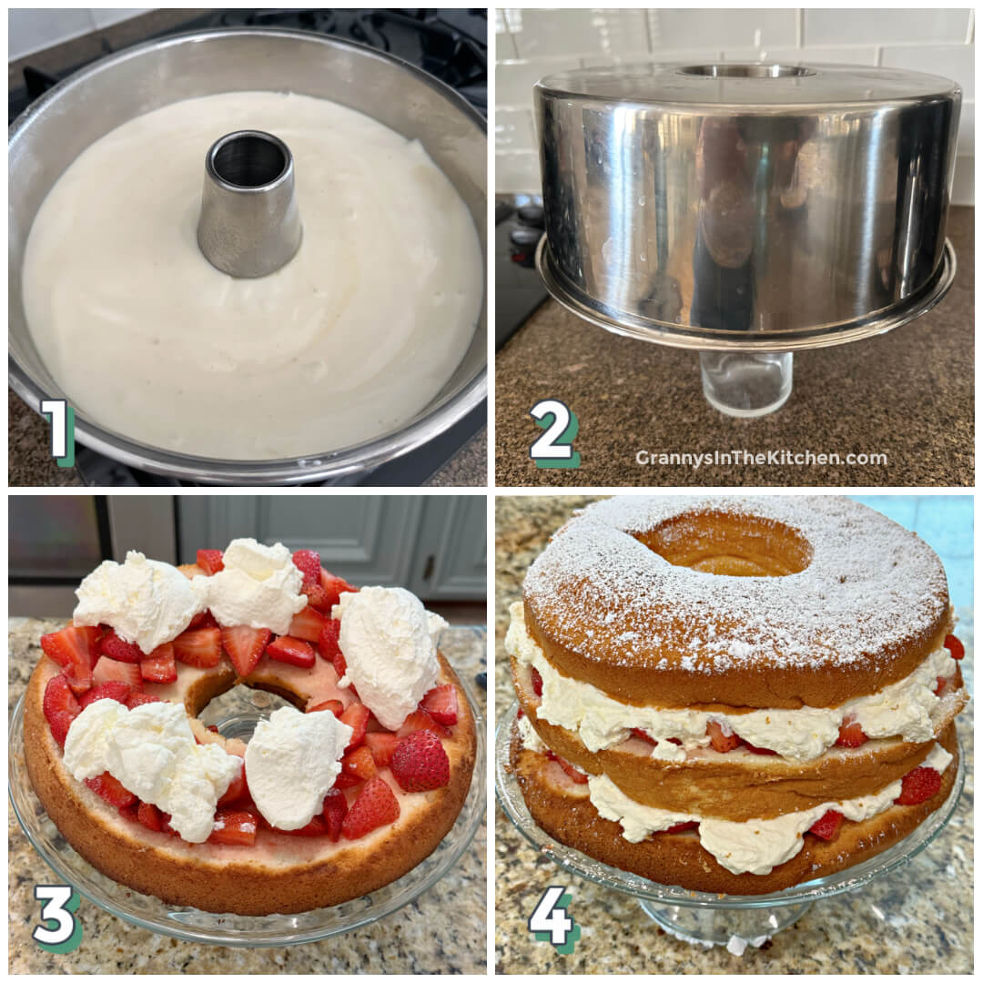 4 step photo collage showing how to make strawberries and cream chiffon cake.