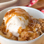 close up of homemade apple crisp a la mode.