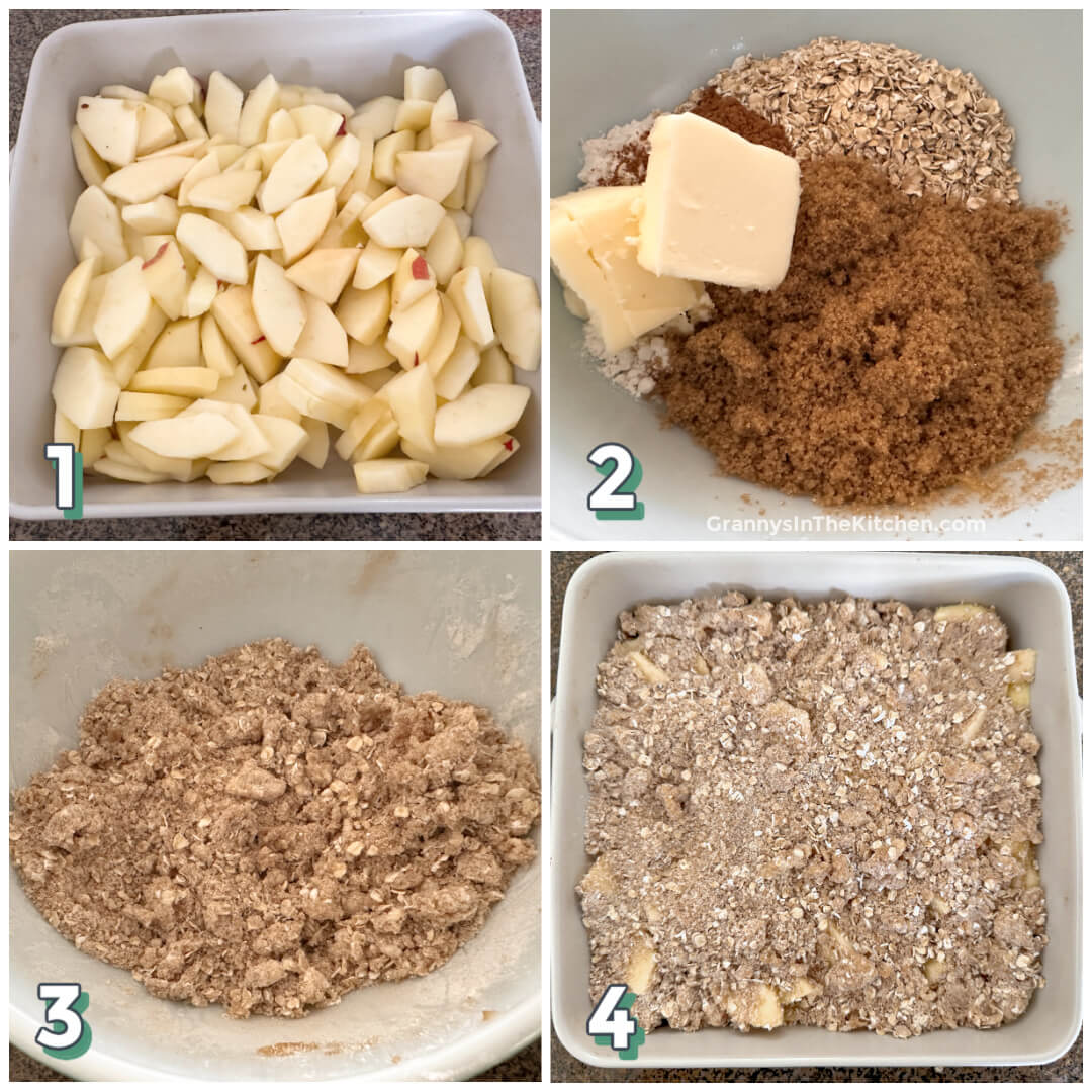 4 step photo collage showing how to make apple crisp with fresh apples.
