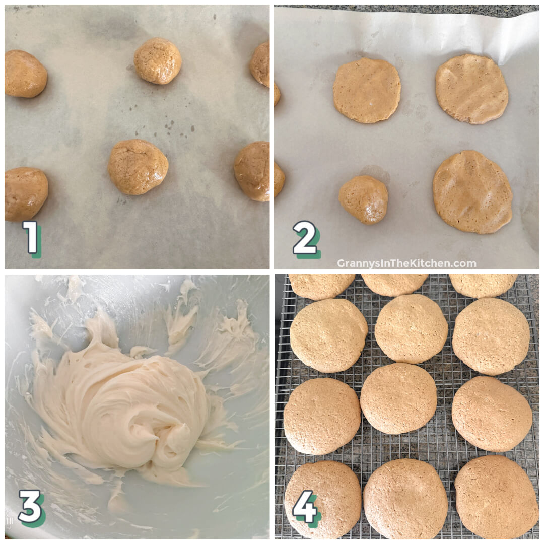 4 step photo collage showing how to make the cookies and frosting for pumpkin whoopie pies.