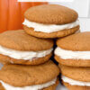 Pumpkin Whoopie Pies on plate with text overlay of recipe name.