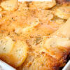 pan of scalloped potatoes with text overlay of recipe name.