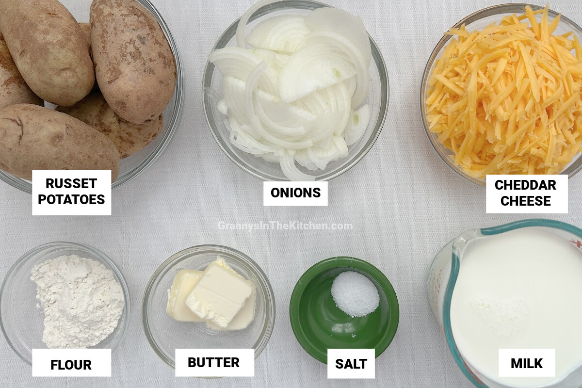 ingredients to make scalloped potatoes, with text labels.