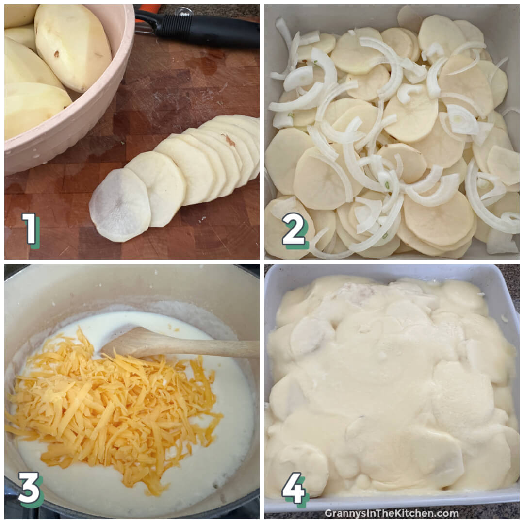 4 step photo collage showing how to make scalloped potatoes.