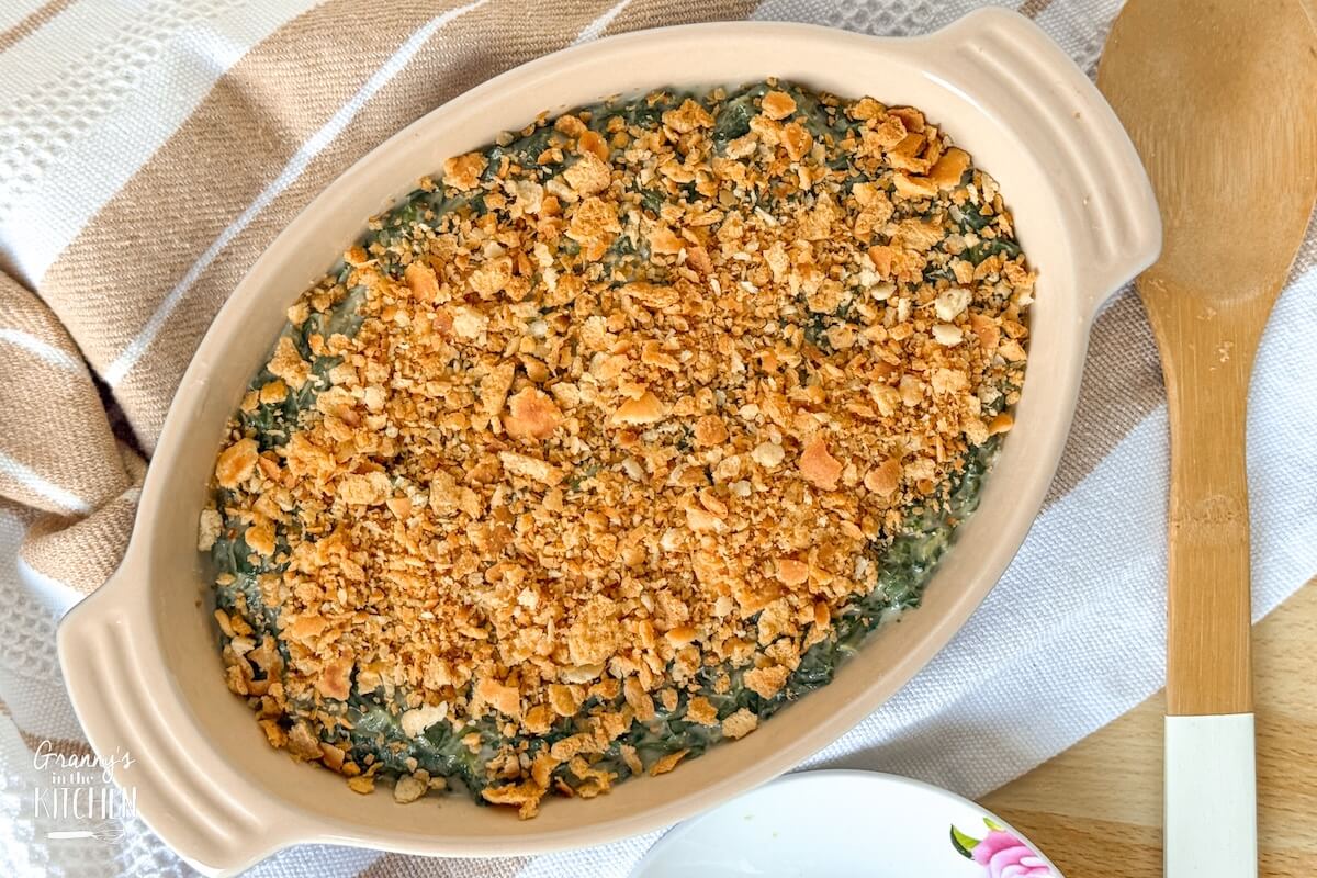 top down view of Spinach Madeline topped with crispy bread crumbs.