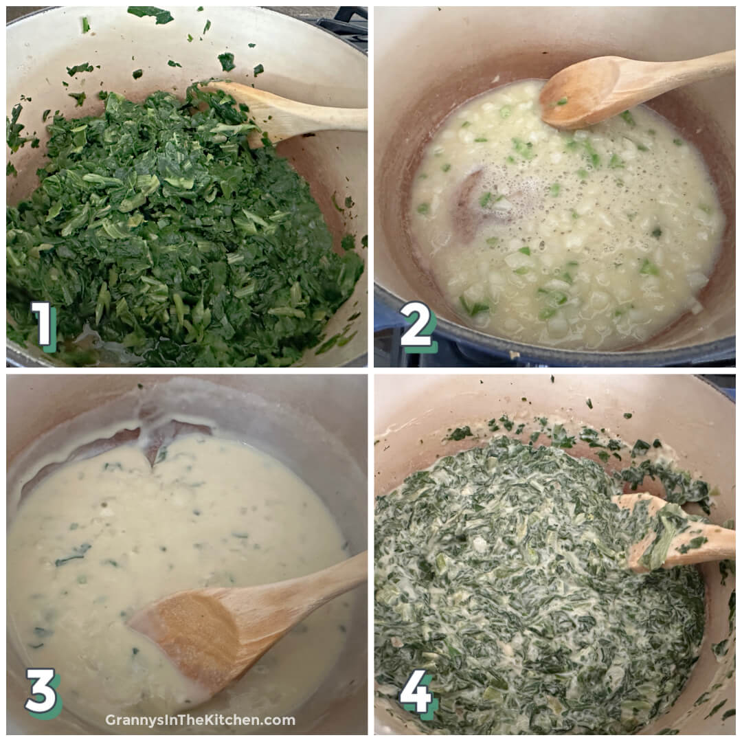 4 step photo collage showing how to make Spinach Madeline.