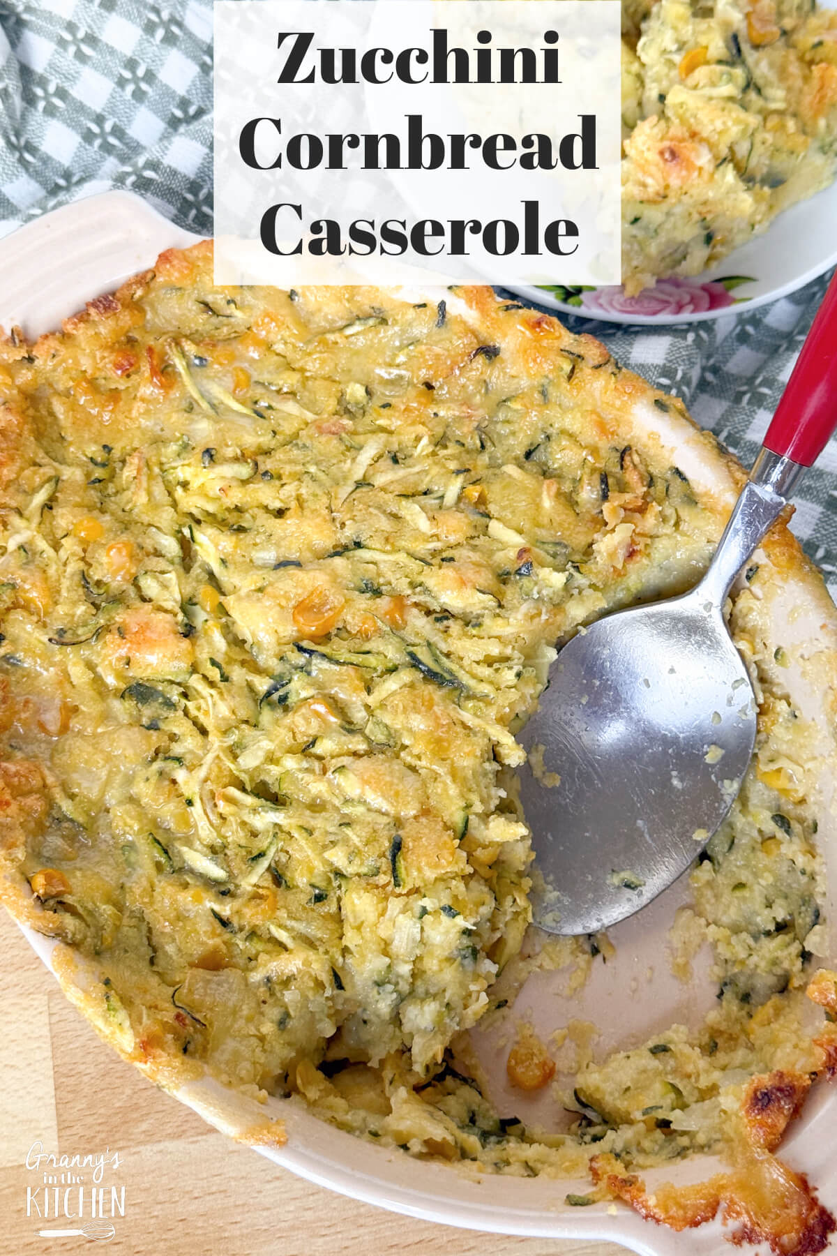 Zucchini Cornbread Casserole in dish, with text overlay of recipe name.
