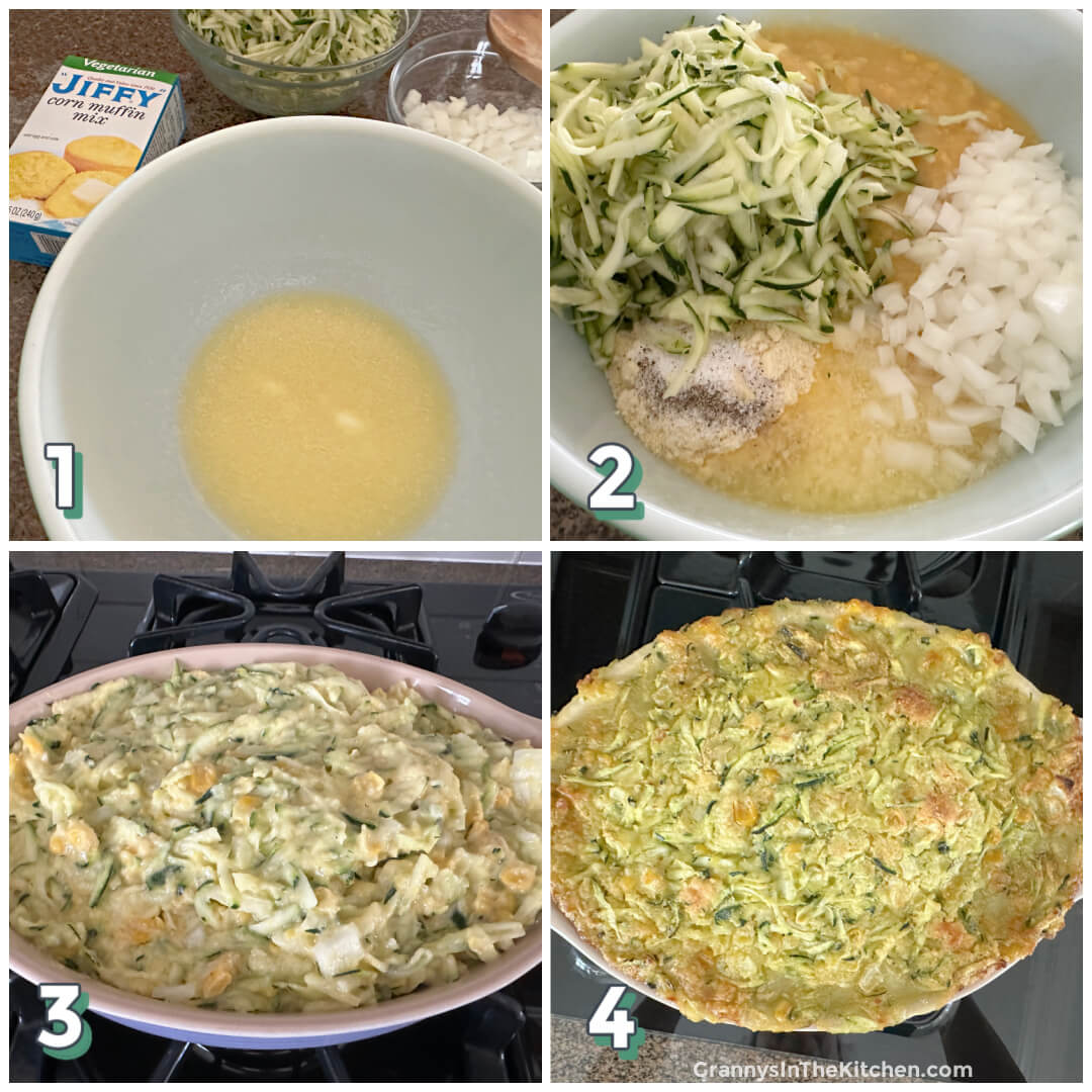 4 step photo collage showing how to make a zucchini and corn casserole.