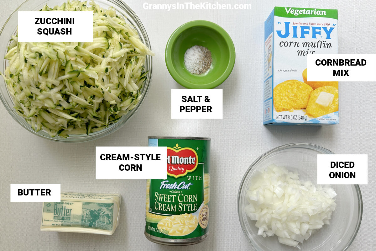 ingredients to make zucchini corn casserole, with text labels.