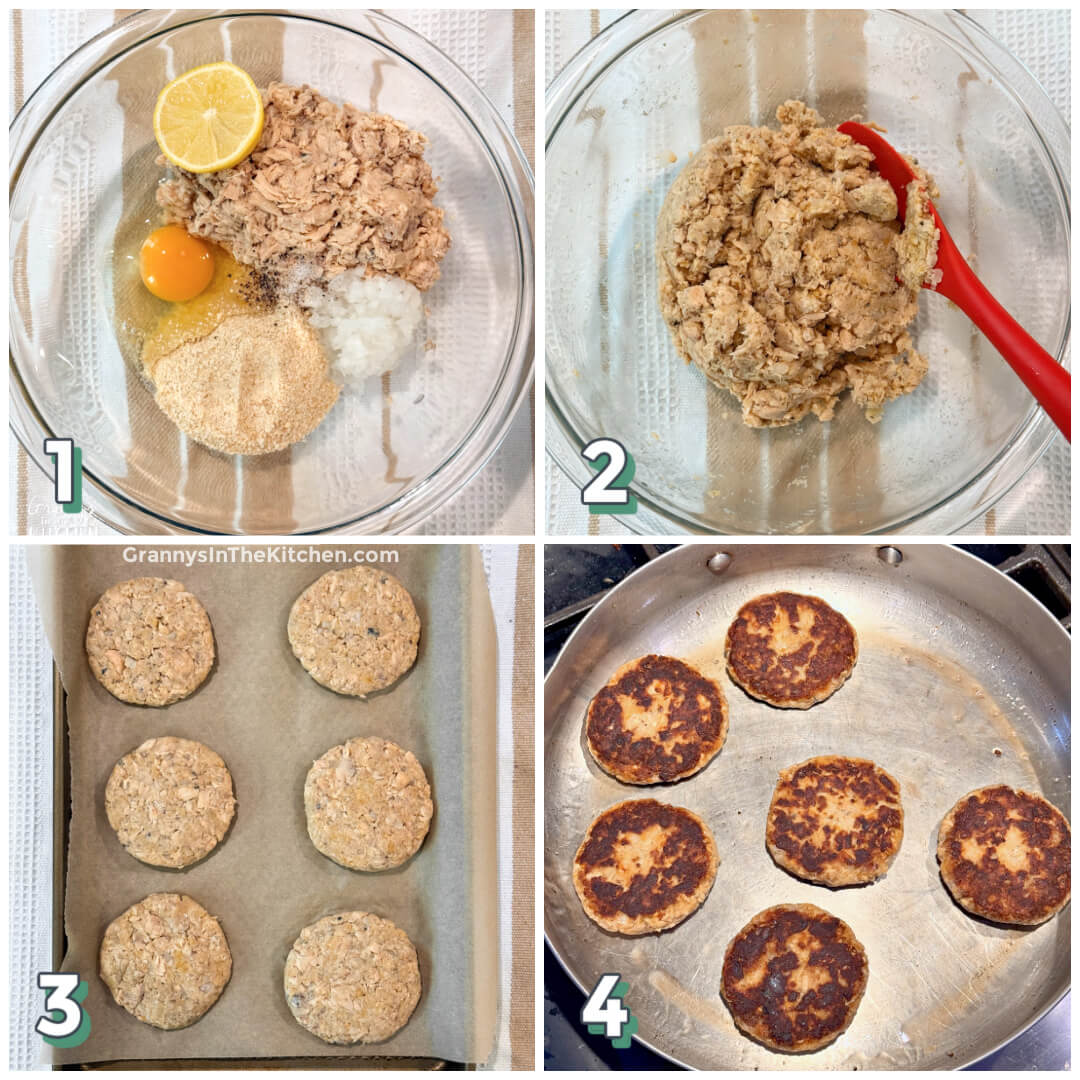 4 step photo collage showing how to make old fashioned salmon patties.